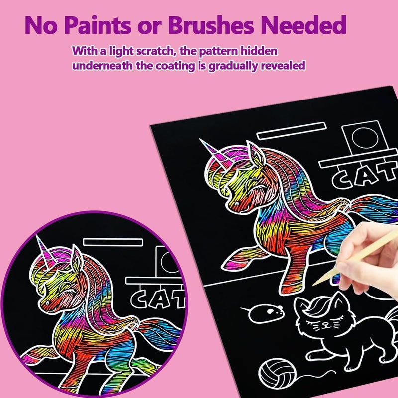 JUNQIU US JUNQIU Scratch Art for Kids, Rainbow Scratch Paper Art Set - Unicorn, Arts and Crafts for Girls Boys Ages 4-8, Kid Activity & Christmas Crafts, Stocking Stuffers for Kids - Image 4